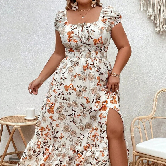 Multicolor Boho Women's Plus Allover Floral Print Ruffle Hem Split Thigh Dress - Picture 1 of 5